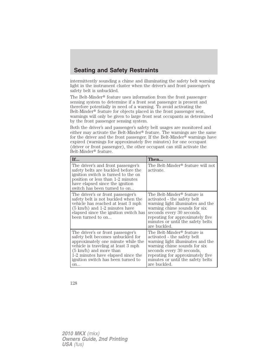 Seating and safety restraints | Lincoln 2010 MKX User Manual | Page 128 / 311