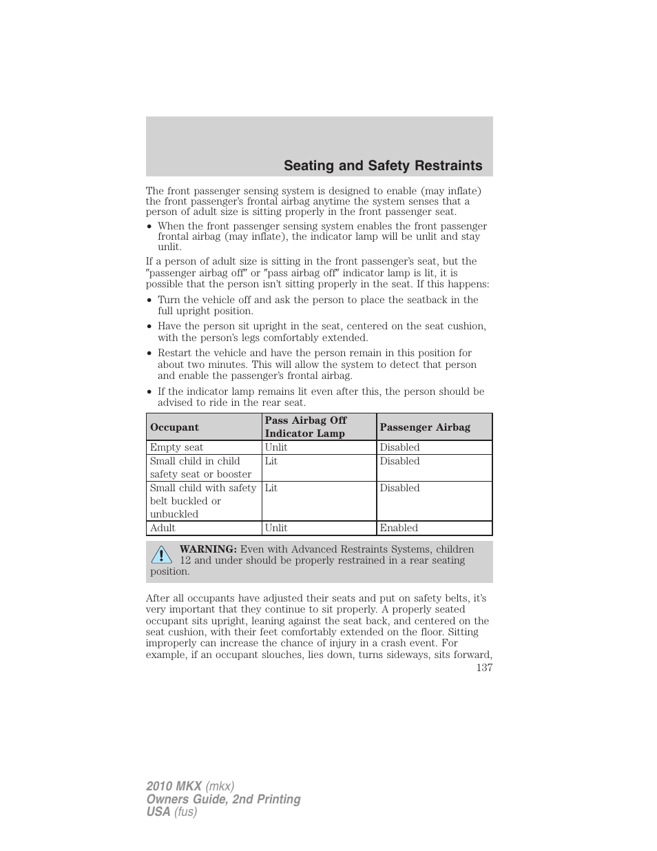 Seating and safety restraints | Lincoln 2010 MKX User Manual | Page 137 / 311