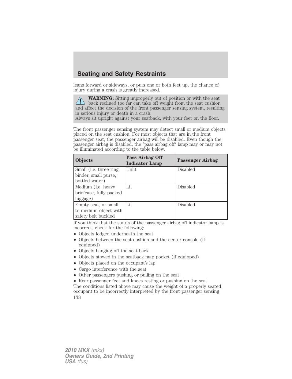 Seating and safety restraints | Lincoln 2010 MKX User Manual | Page 138 / 311