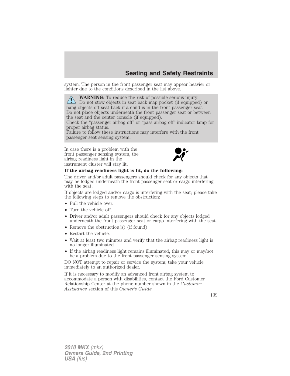 Seating and safety restraints | Lincoln 2010 MKX User Manual | Page 139 / 311