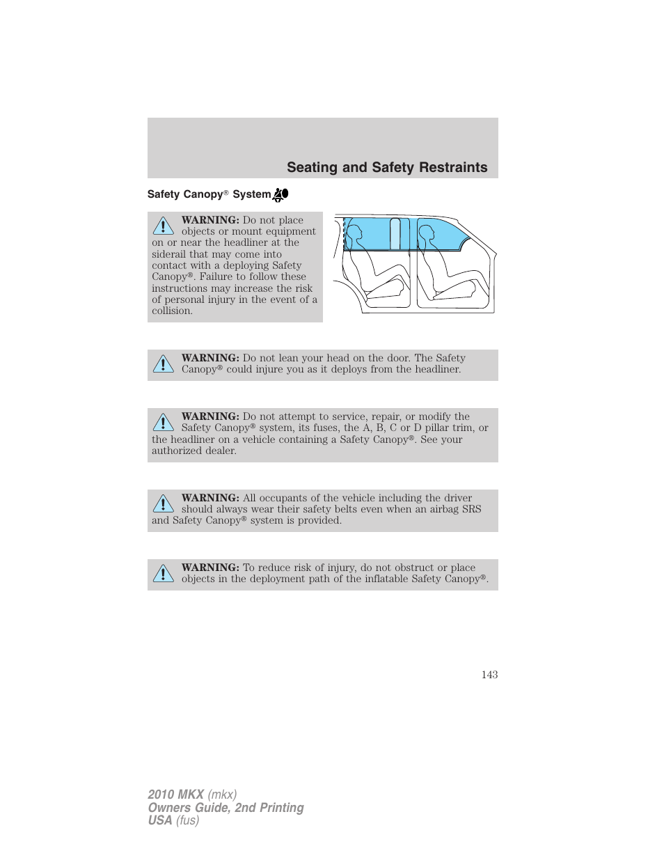 Safety canopy system, Seating and safety restraints | Lincoln 2010 MKX User Manual | Page 143 / 311
