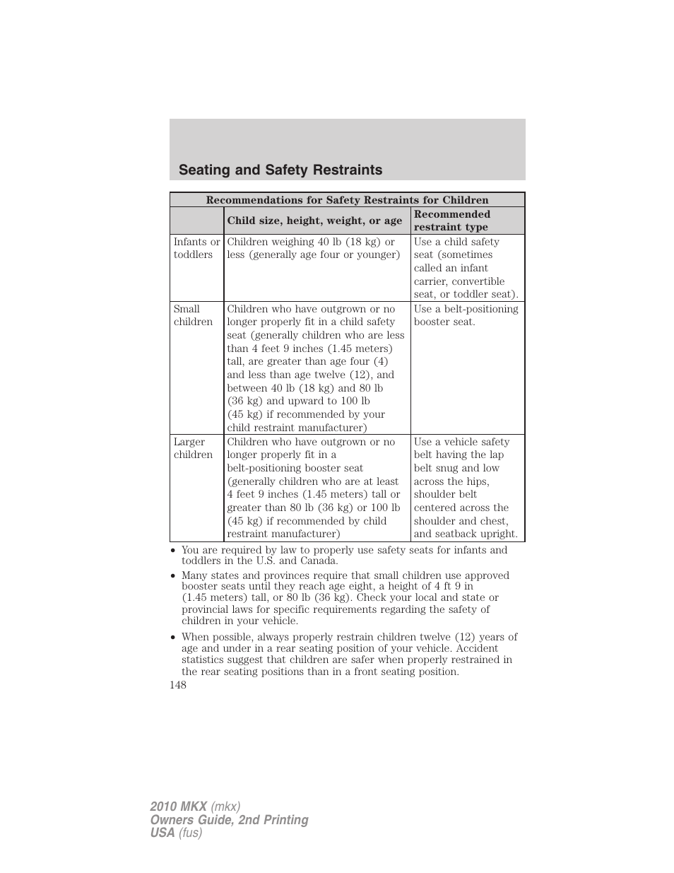 Seating and safety restraints | Lincoln 2010 MKX User Manual | Page 148 / 311