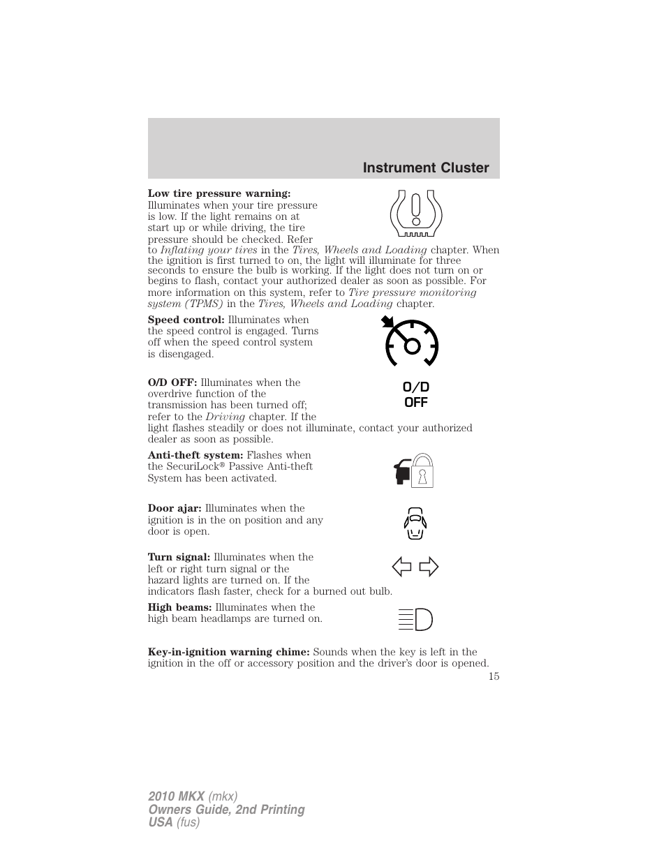 Instrument cluster | Lincoln 2010 MKX User Manual | Page 15 / 311