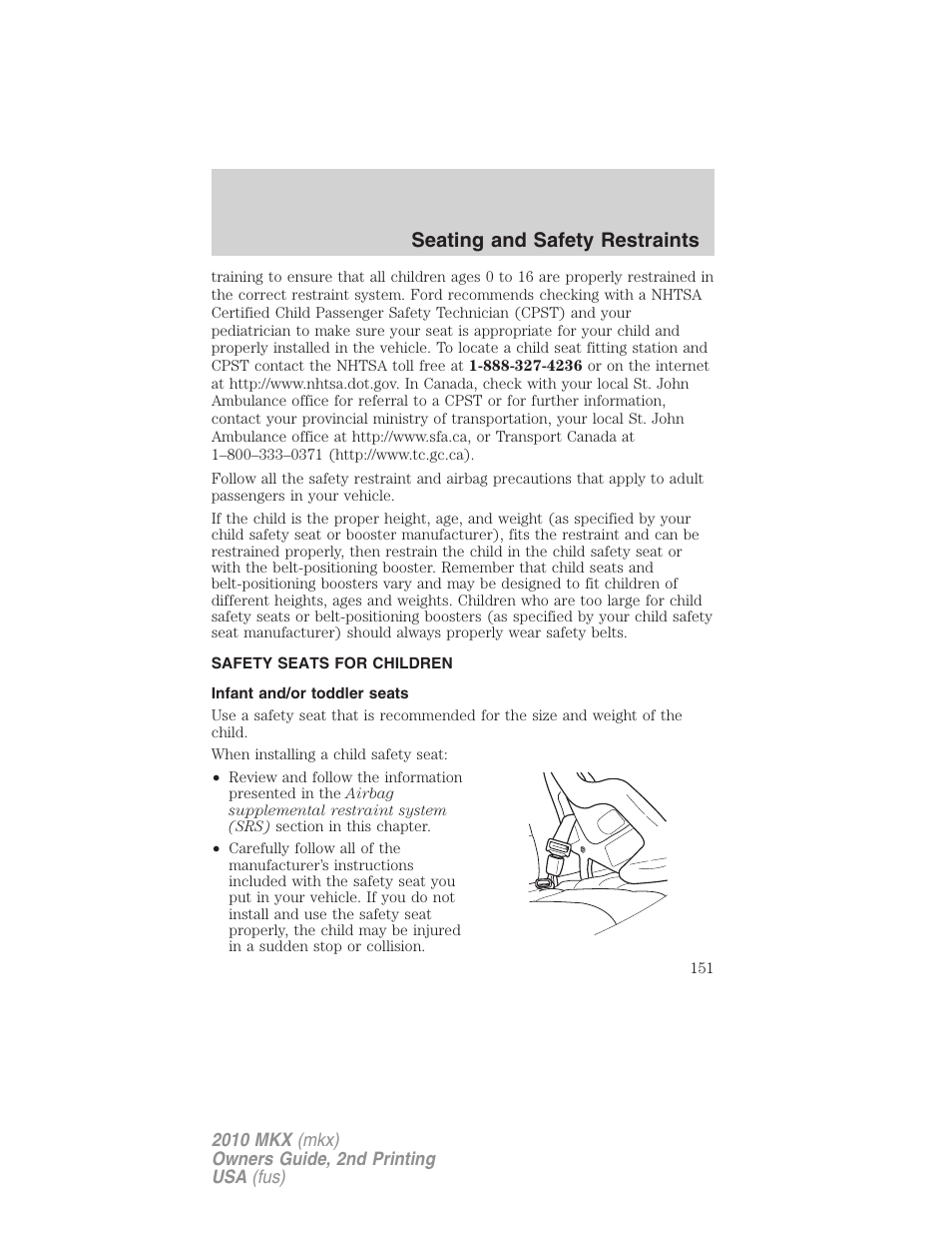 Safety seats for children, Infant and/or toddler seats, Seating and safety restraints | Lincoln 2010 MKX User Manual | Page 151 / 311