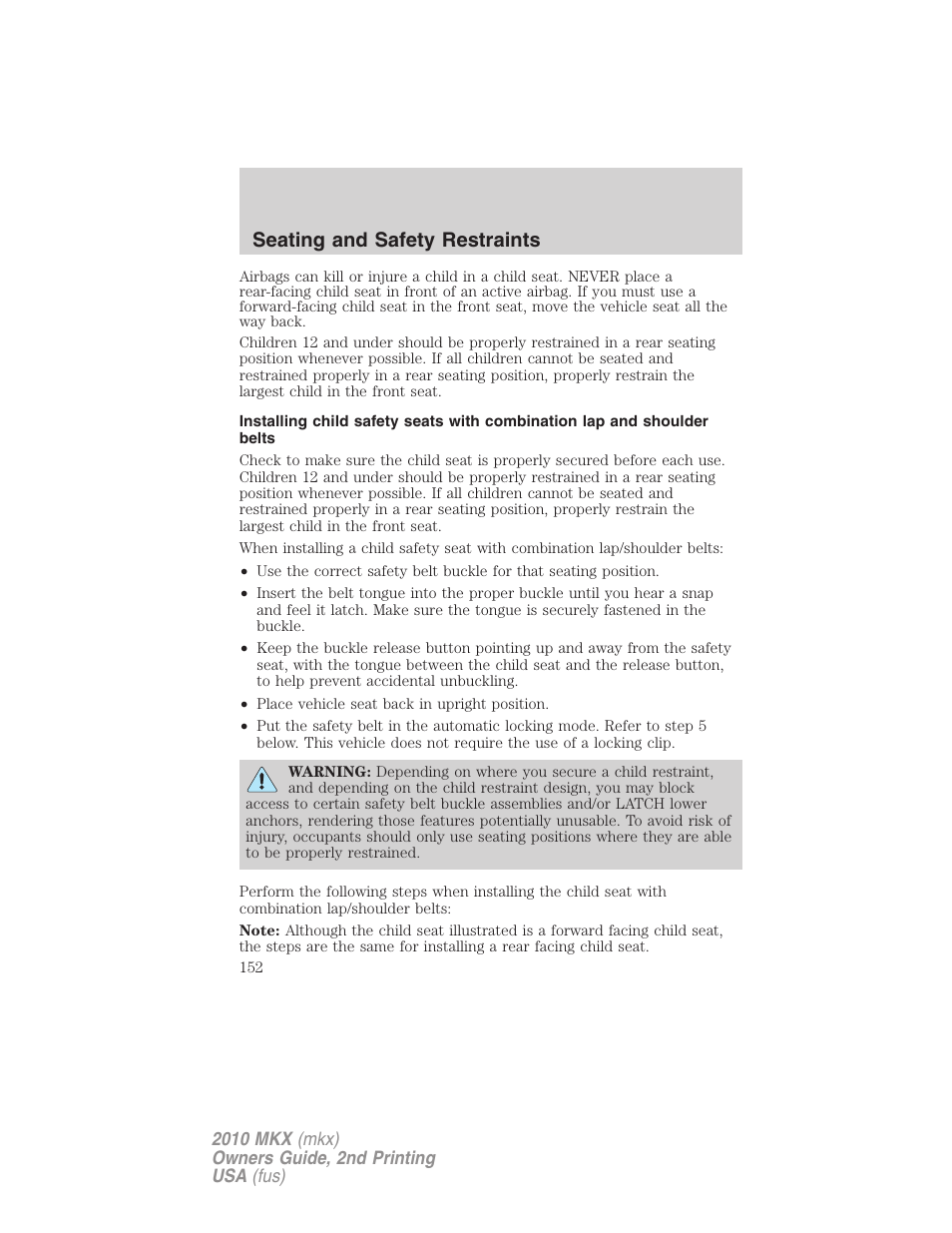 Seating and safety restraints | Lincoln 2010 MKX User Manual | Page 152 / 311