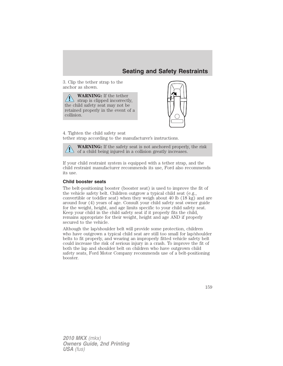 Child booster seats, Seating and safety restraints | Lincoln 2010 MKX User Manual | Page 159 / 311