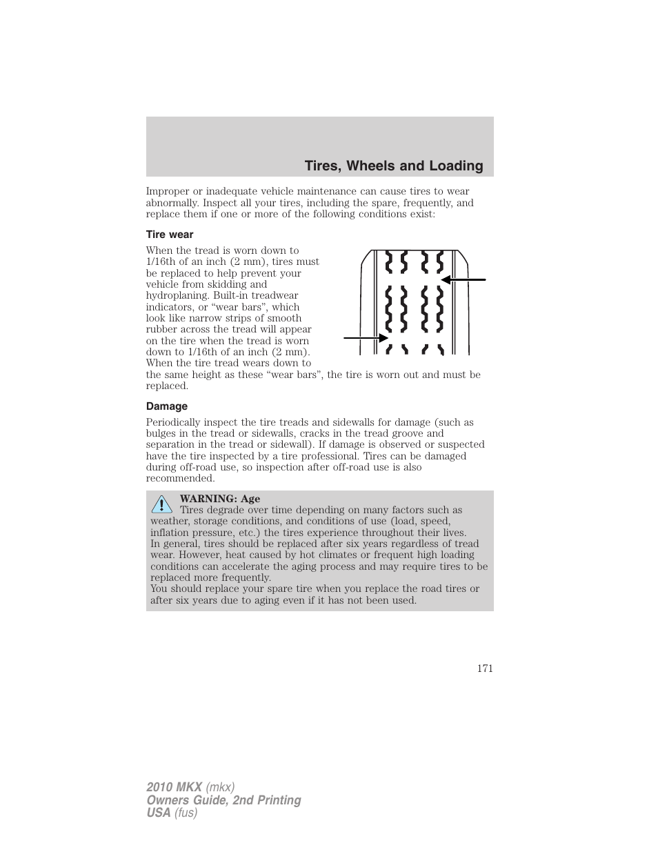 Tire wear, Damage, Tires, wheels and loading | Lincoln 2010 MKX User Manual | Page 171 / 311