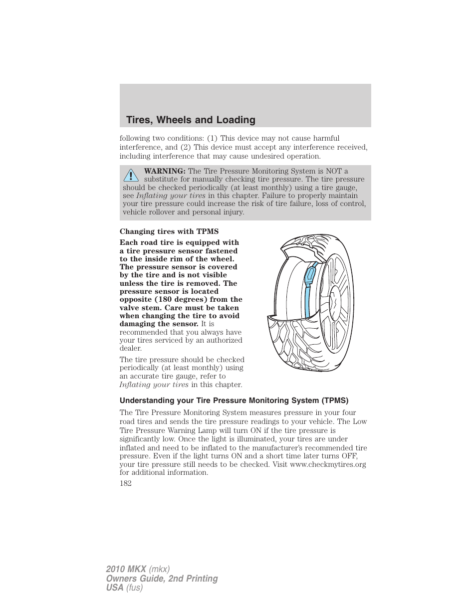 Tires, wheels and loading | Lincoln 2010 MKX User Manual | Page 182 / 311