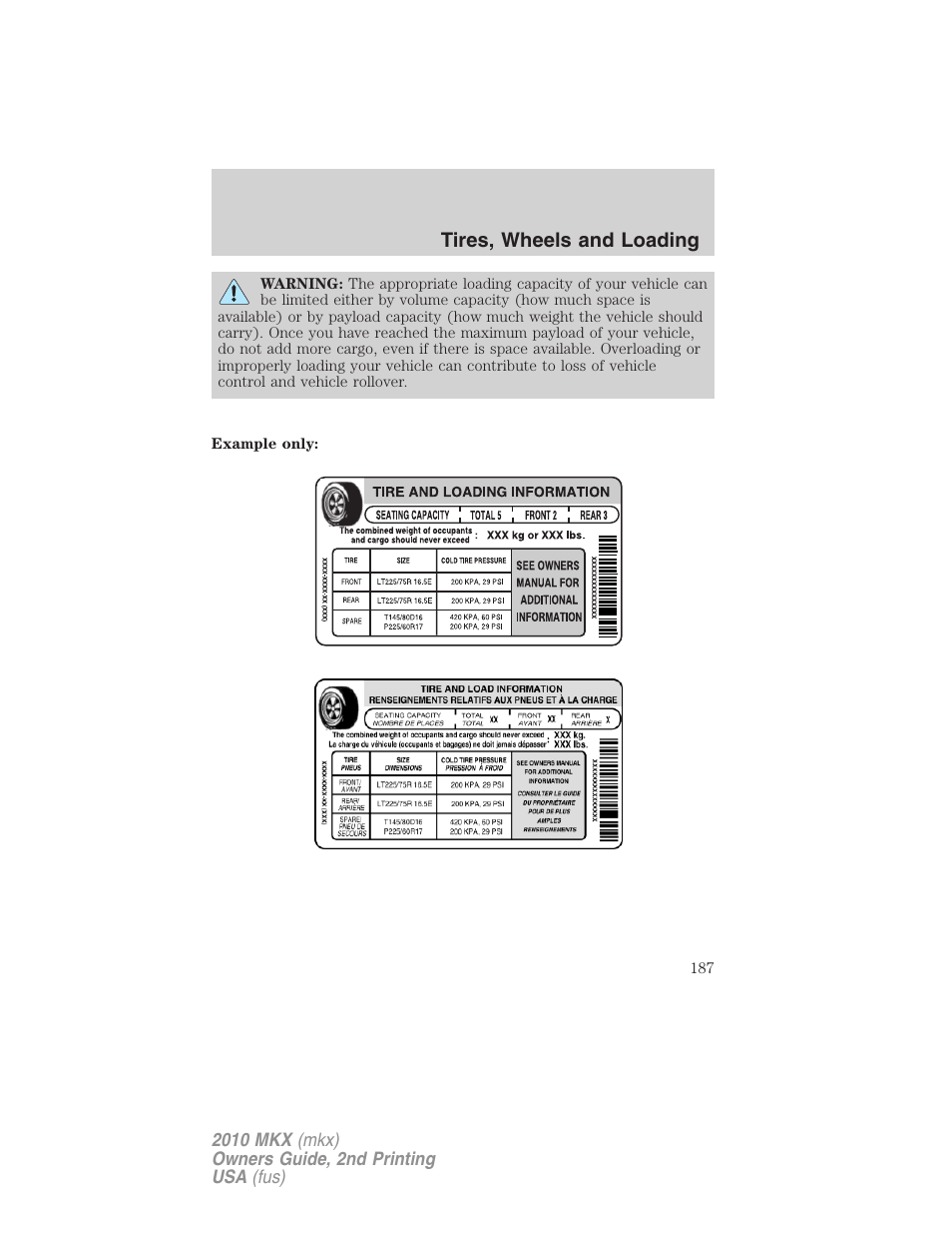 Tires, wheels and loading | Lincoln 2010 MKX User Manual | Page 187 / 311