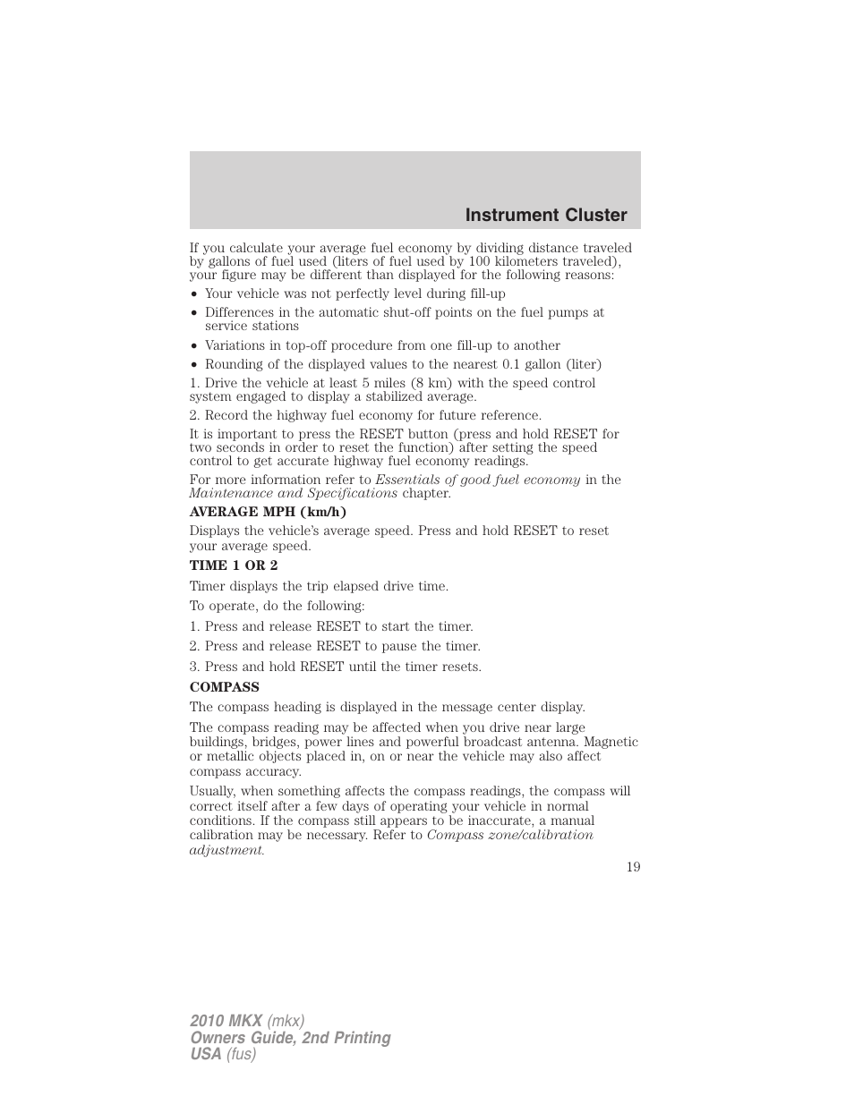 Instrument cluster | Lincoln 2010 MKX User Manual | Page 19 / 311