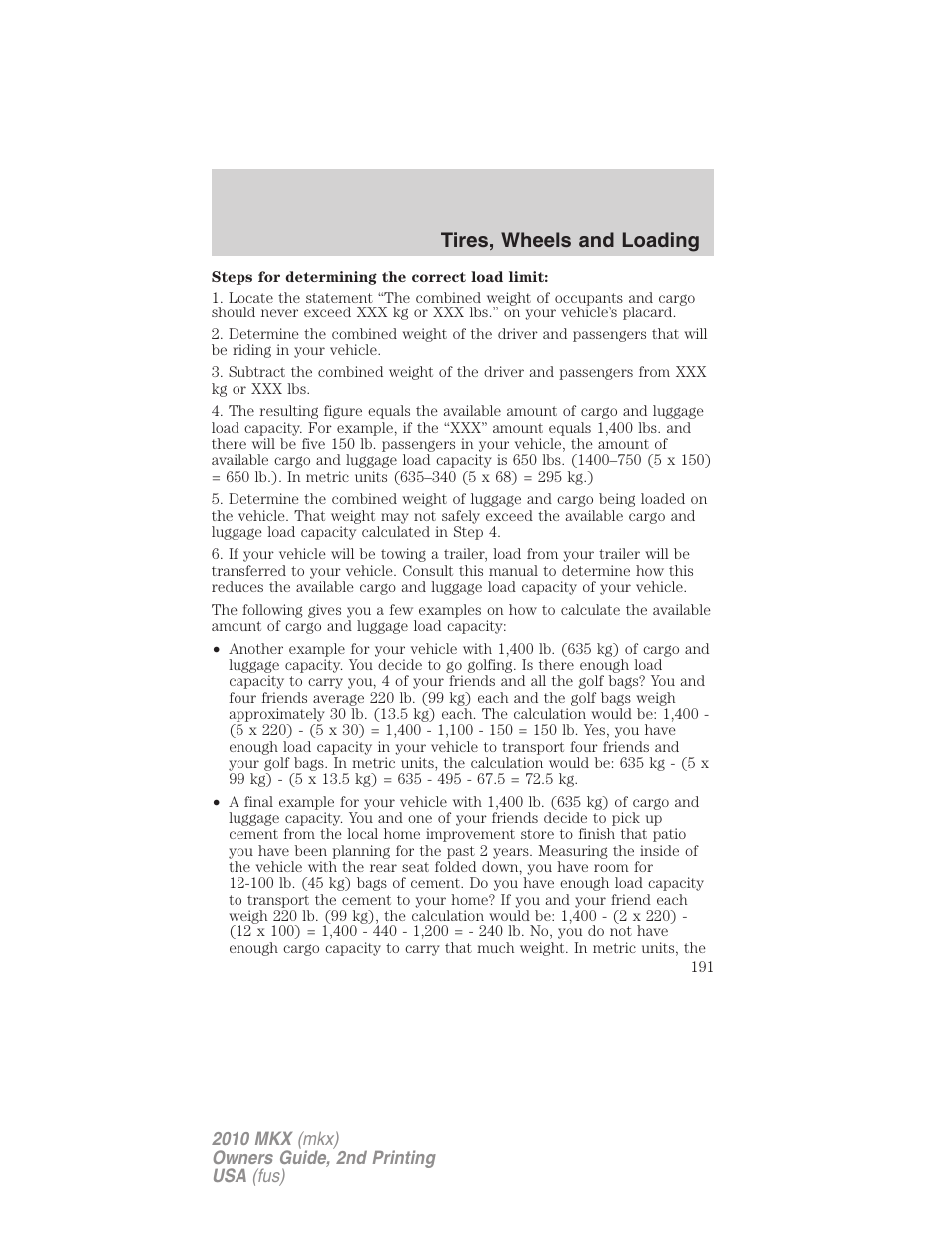 Tires, wheels and loading | Lincoln 2010 MKX User Manual | Page 191 / 311