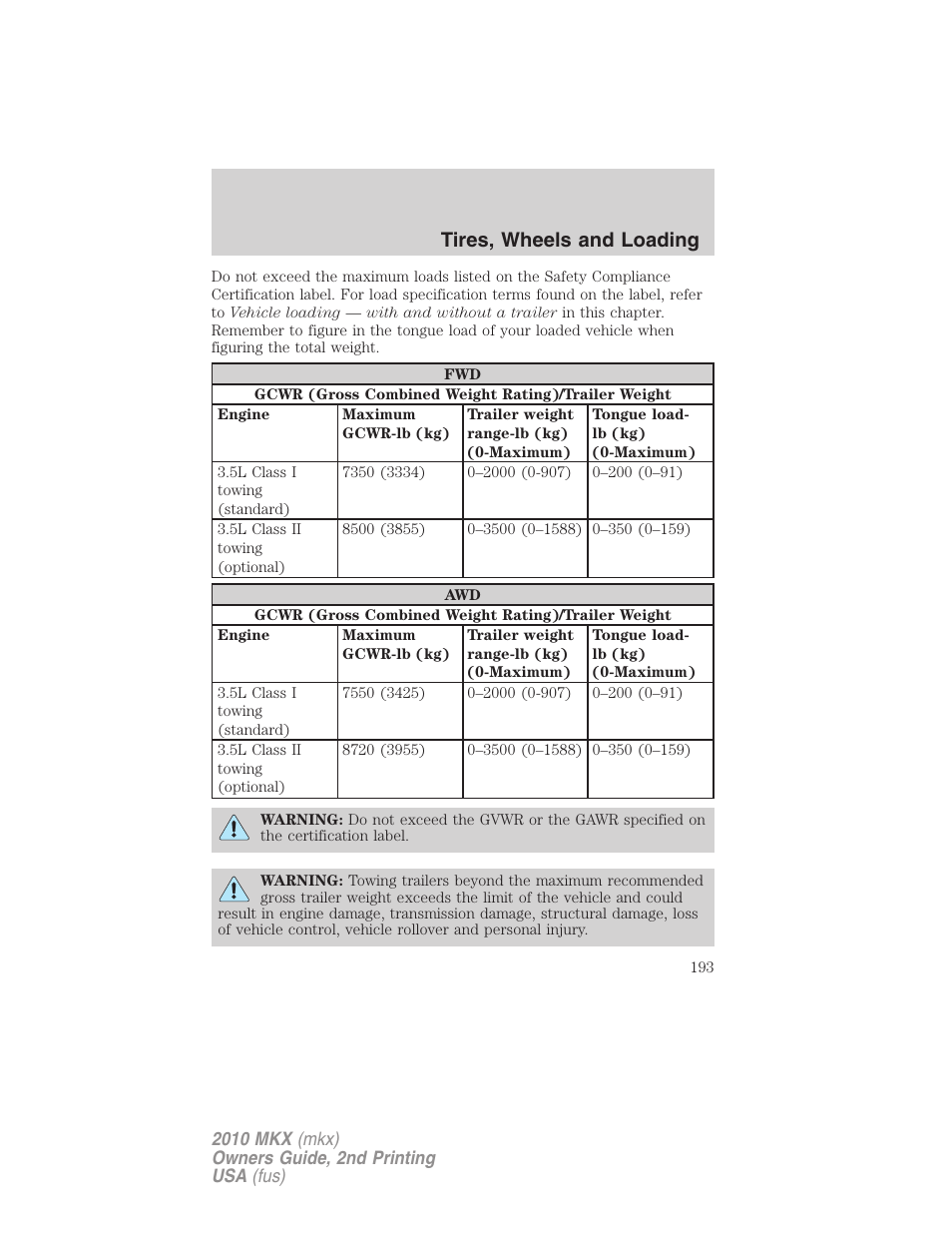Tires, wheels and loading | Lincoln 2010 MKX User Manual | Page 193 / 311