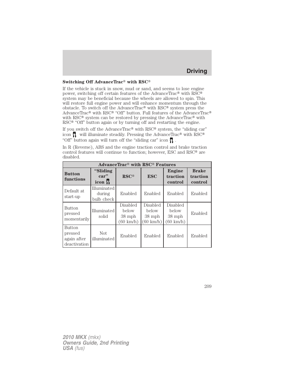 Driving | Lincoln 2010 MKX User Manual | Page 209 / 311