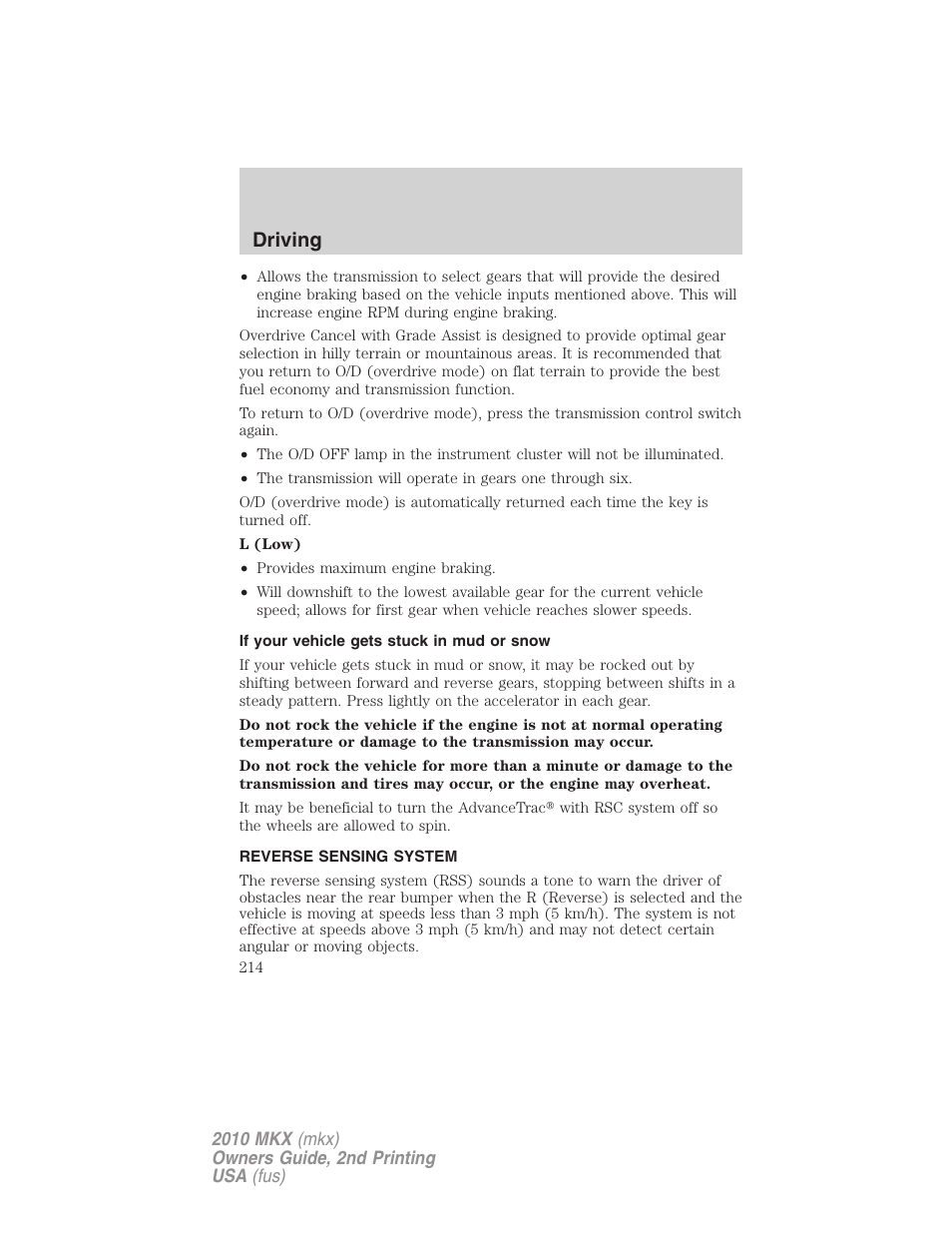 If your vehicle gets stuck in mud or snow, Reverse sensing system, Driving | Lincoln 2010 MKX User Manual | Page 214 / 311