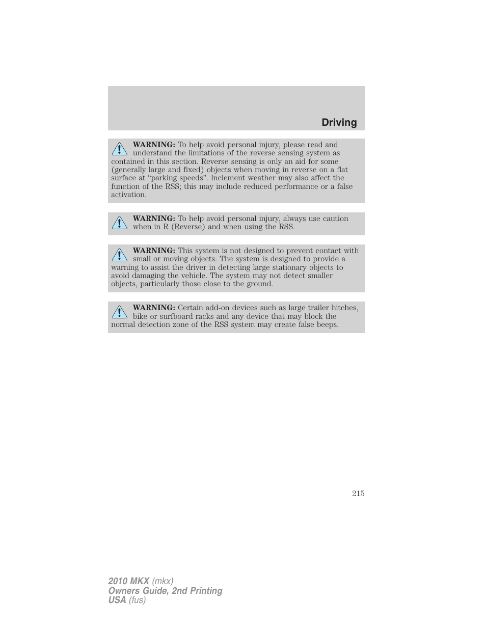 Driving | Lincoln 2010 MKX User Manual | Page 215 / 311