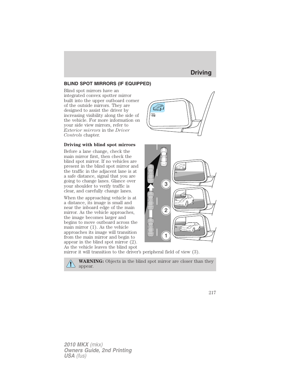 Blind spot mirrors (if equipped), Driving | Lincoln 2010 MKX User Manual | Page 217 / 311