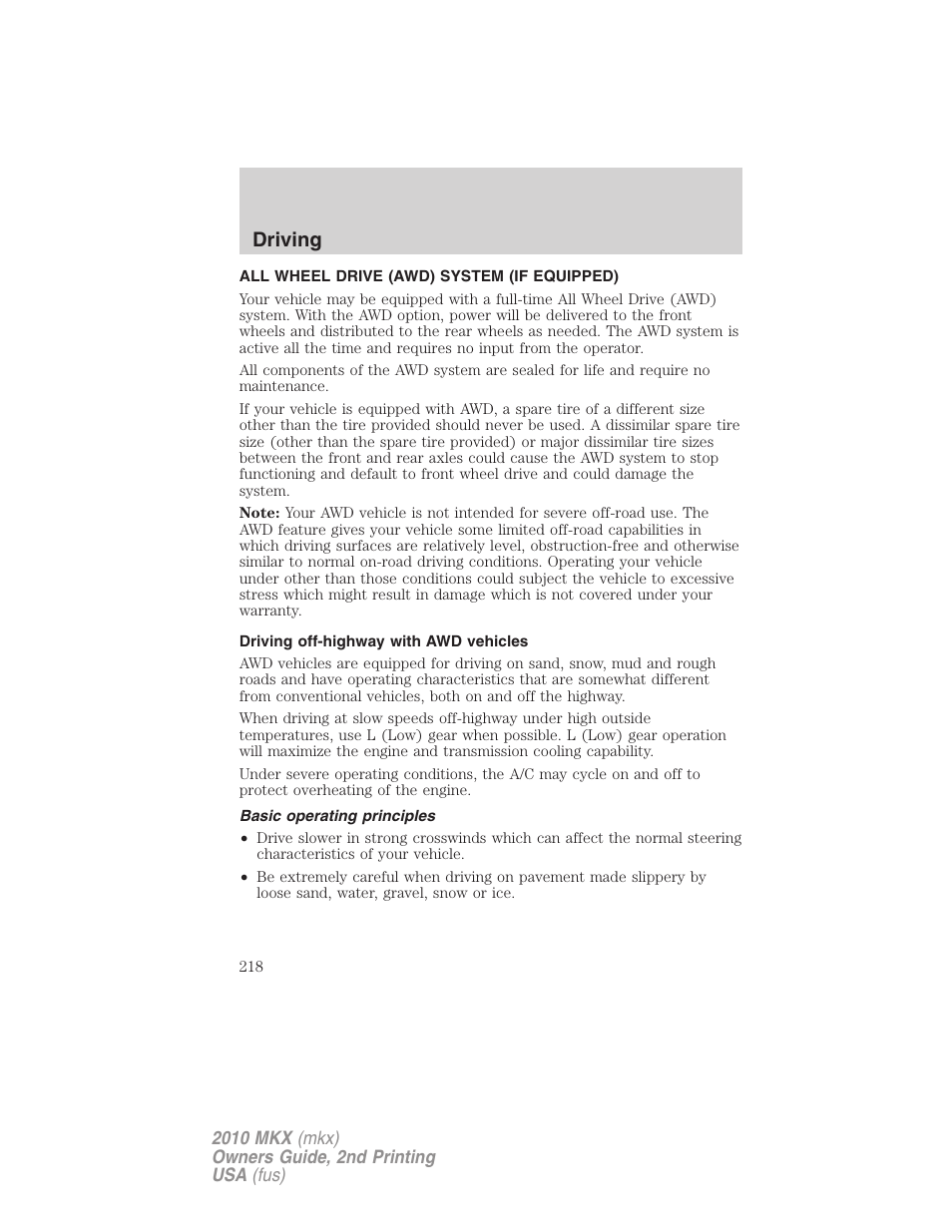 All wheel drive (awd) system (if equipped), Driving off-highway with awd vehicles, Basic operating principles | Driving | Lincoln 2010 MKX User Manual | Page 218 / 311