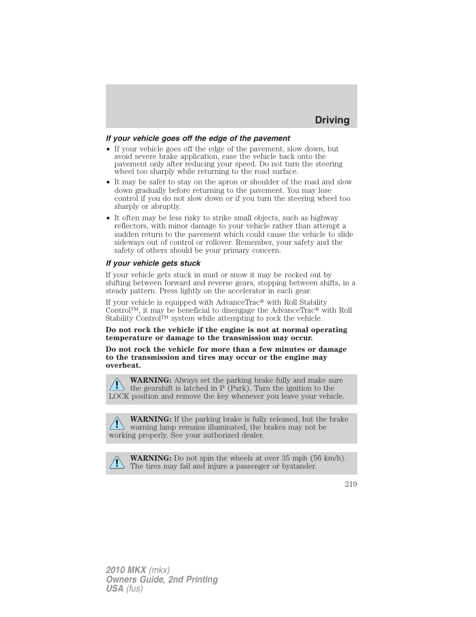 If your vehicle goes off the edge of the pavement, If your vehicle gets stuck, Driving | Lincoln 2010 MKX User Manual | Page 219 / 311