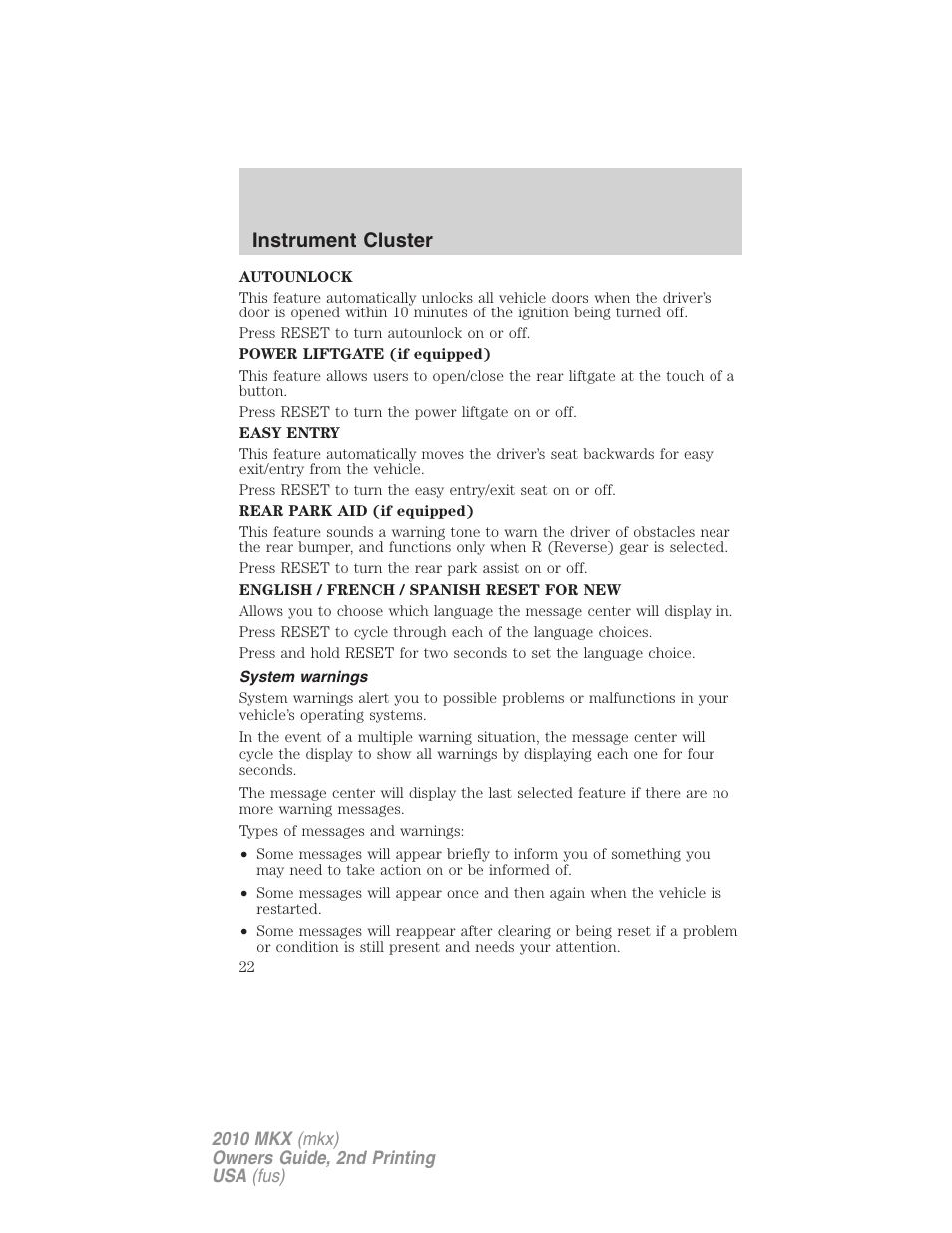System warnings, Instrument cluster | Lincoln 2010 MKX User Manual | Page 22 / 311