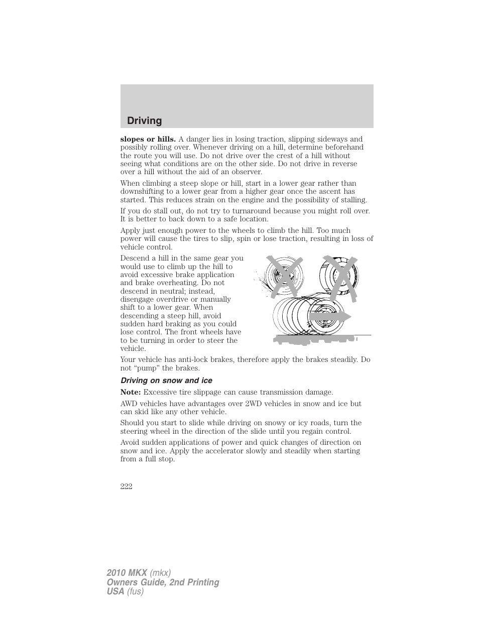 Driving on snow and ice, Driving | Lincoln 2010 MKX User Manual | Page 222 / 311