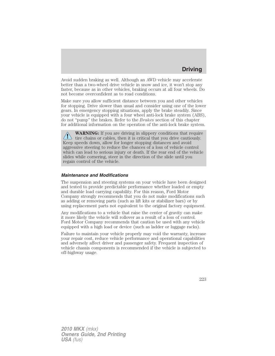 Maintenance and modifications, Driving | Lincoln 2010 MKX User Manual | Page 223 / 311