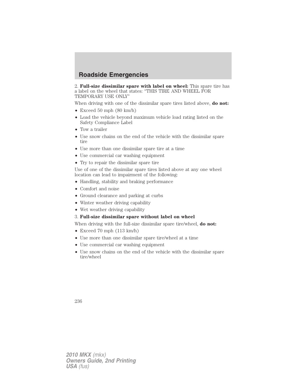 Roadside emergencies | Lincoln 2010 MKX User Manual | Page 236 / 311
