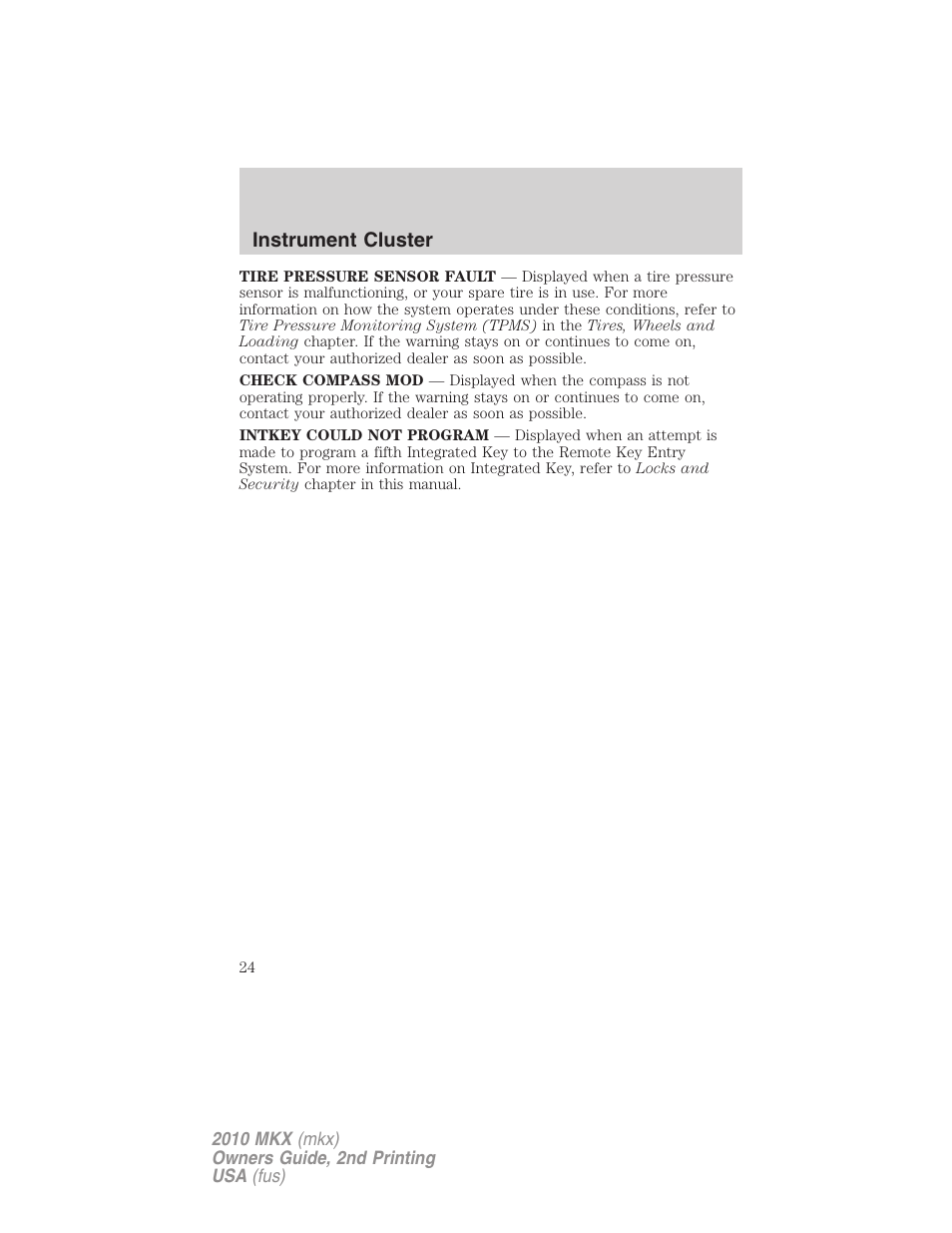 Instrument cluster | Lincoln 2010 MKX User Manual | Page 24 / 311