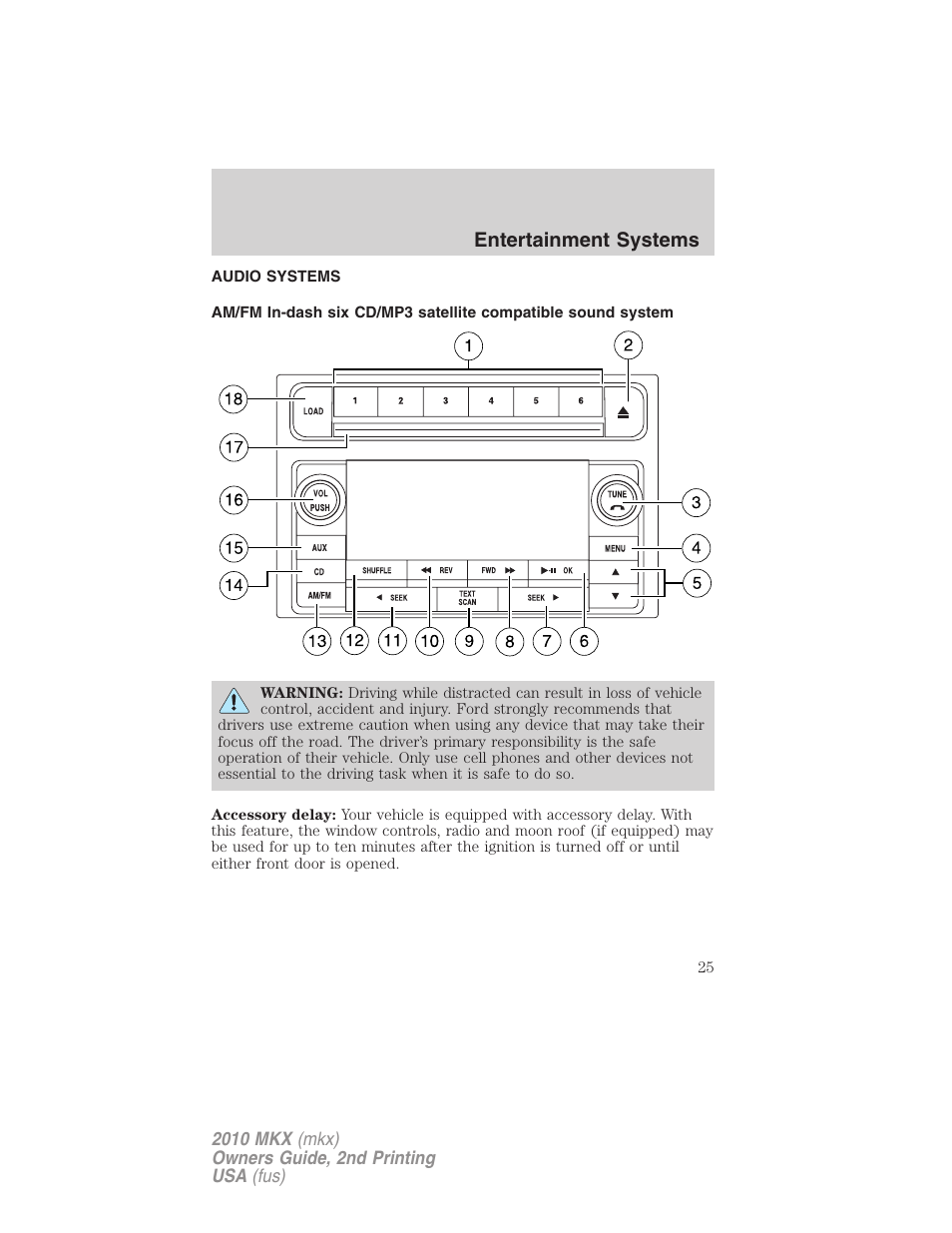 Entertainment systems, Audio systems, Am/fm stereo with cdx6/mp3 | Lincoln 2010 MKX User Manual | Page 25 / 311