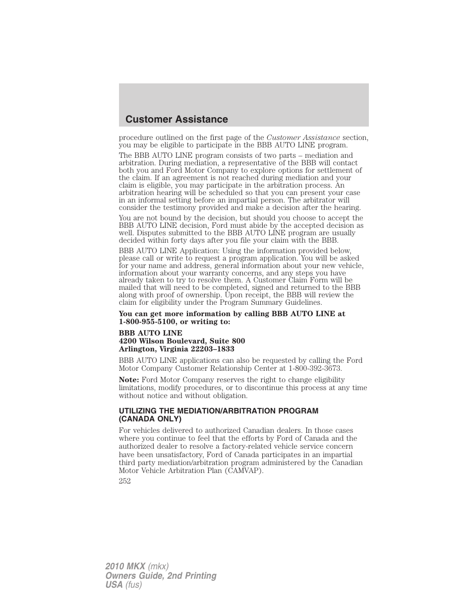 Customer assistance | Lincoln 2010 MKX User Manual | Page 252 / 311