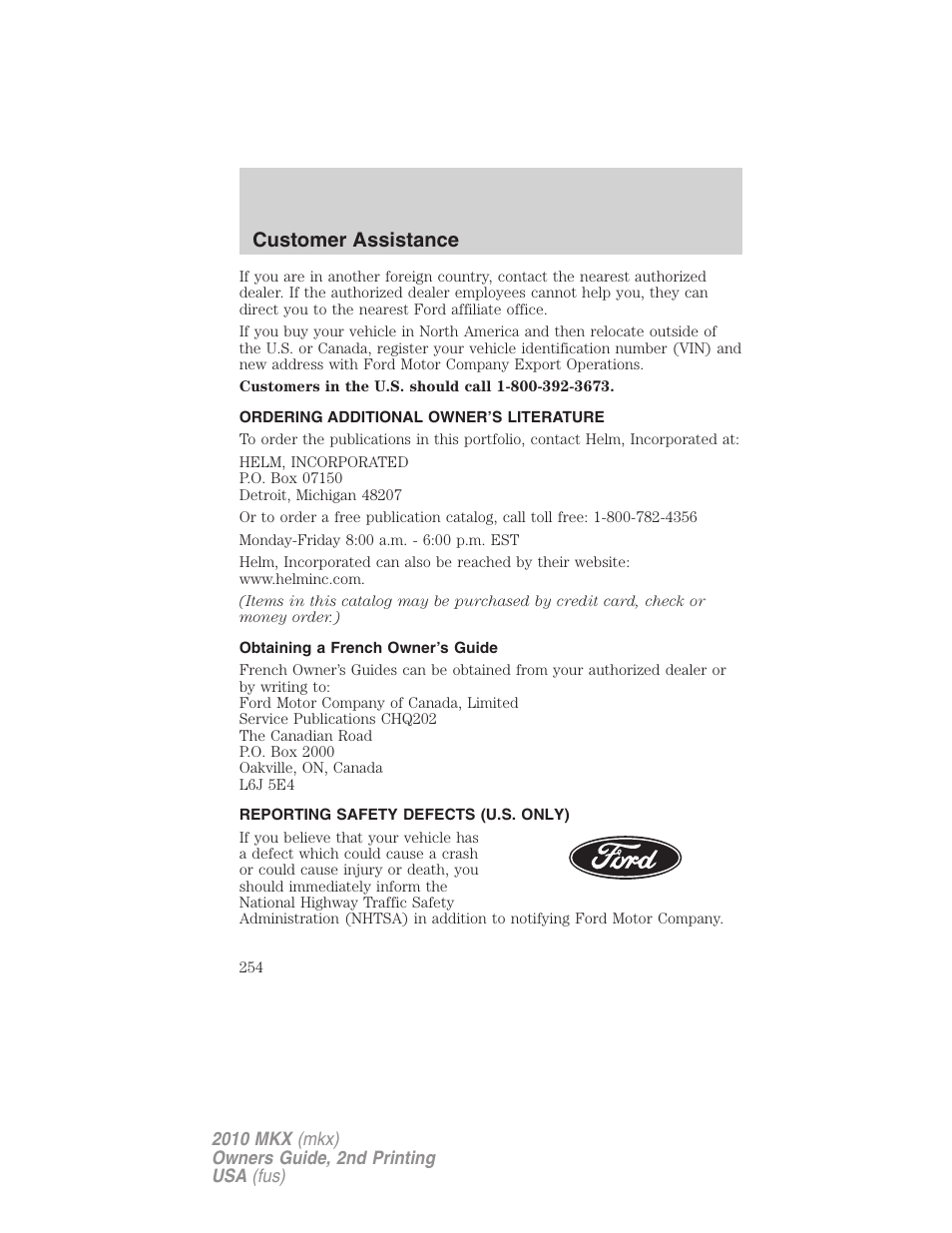 Ordering additional owner’s literature, Obtaining a french owner’s guide, Reporting safety defects (u.s. only) | Customer assistance | Lincoln 2010 MKX User Manual | Page 254 / 311