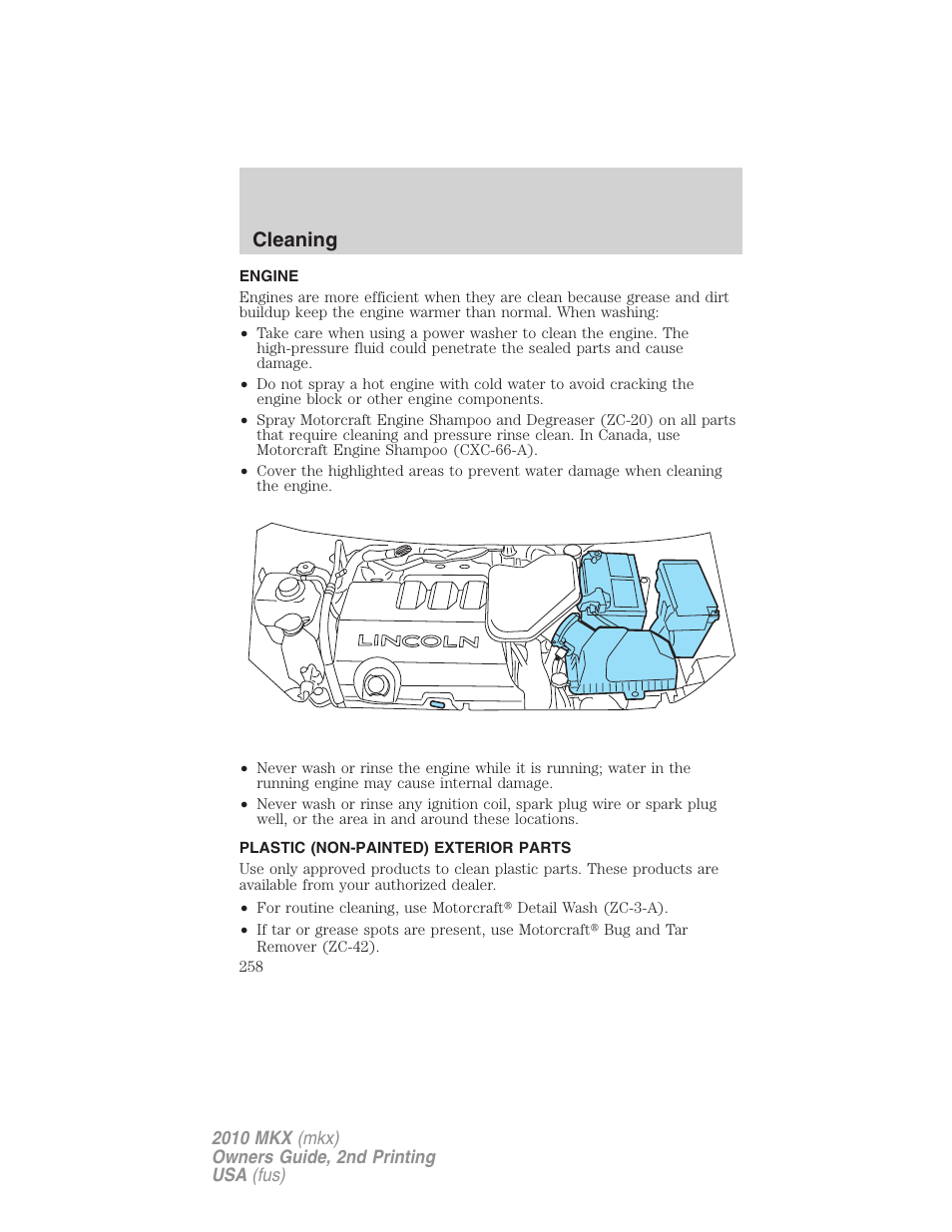 Engine, Plastic (non-painted) exterior parts, Cleaning | Lincoln 2010 MKX User Manual | Page 258 / 311