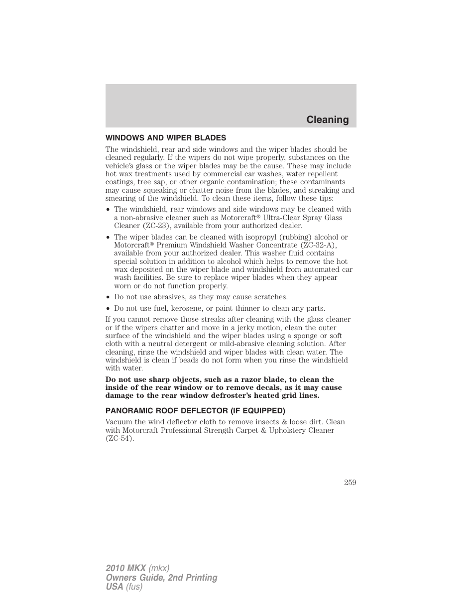 Windows and wiper blades, Panoramic roof deflector (if equipped), Cleaning | Lincoln 2010 MKX User Manual | Page 259 / 311