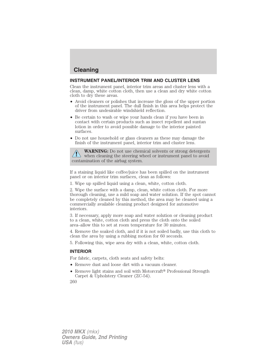 Instrument panel/interior trim and cluster lens, Interior, Cleaning | Lincoln 2010 MKX User Manual | Page 260 / 311