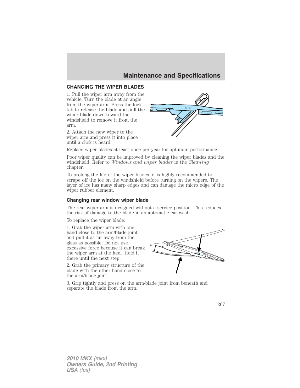 Changing the wiper blades, Changing rear window wiper blade, Maintenance and specifications | Lincoln 2010 MKX User Manual | Page 267 / 311