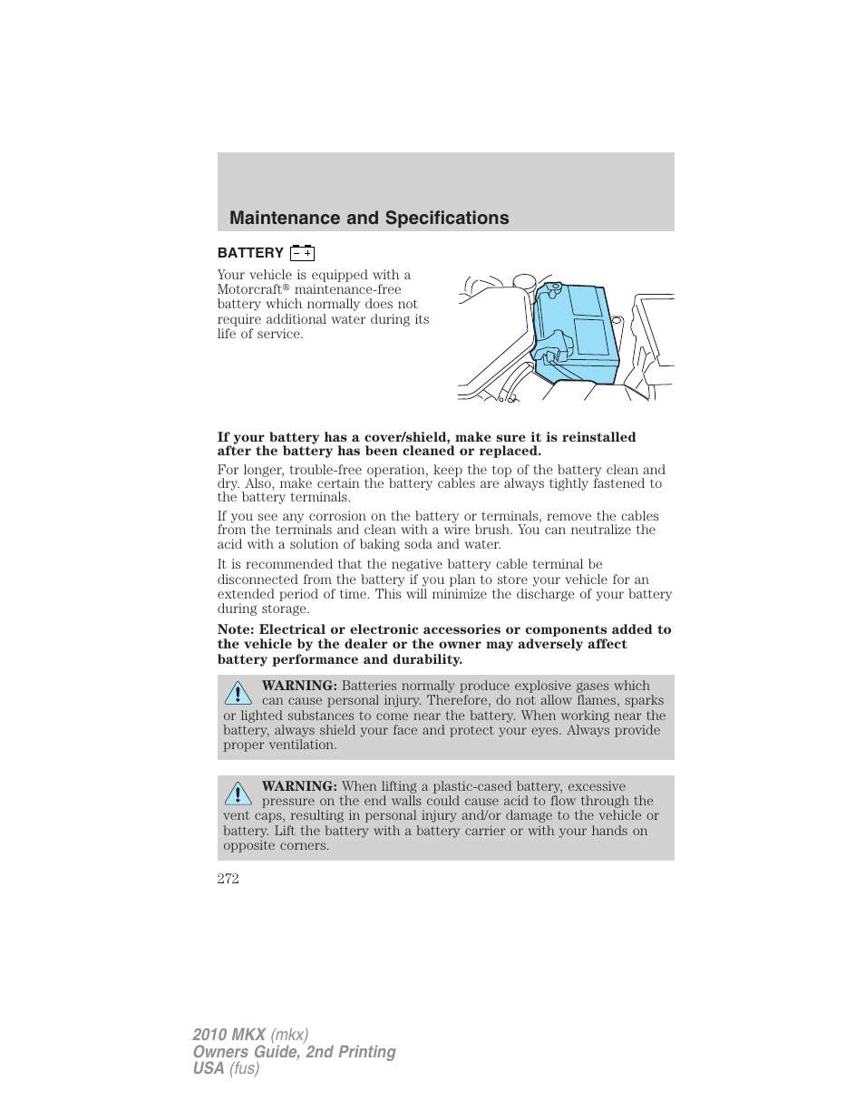 Battery, Maintenance and specifications | Lincoln 2010 MKX User Manual | Page 272 / 311