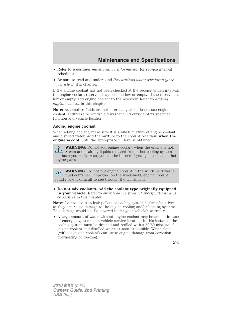 Adding engine coolant, Maintenance and specifications | Lincoln 2010 MKX User Manual | Page 275 / 311