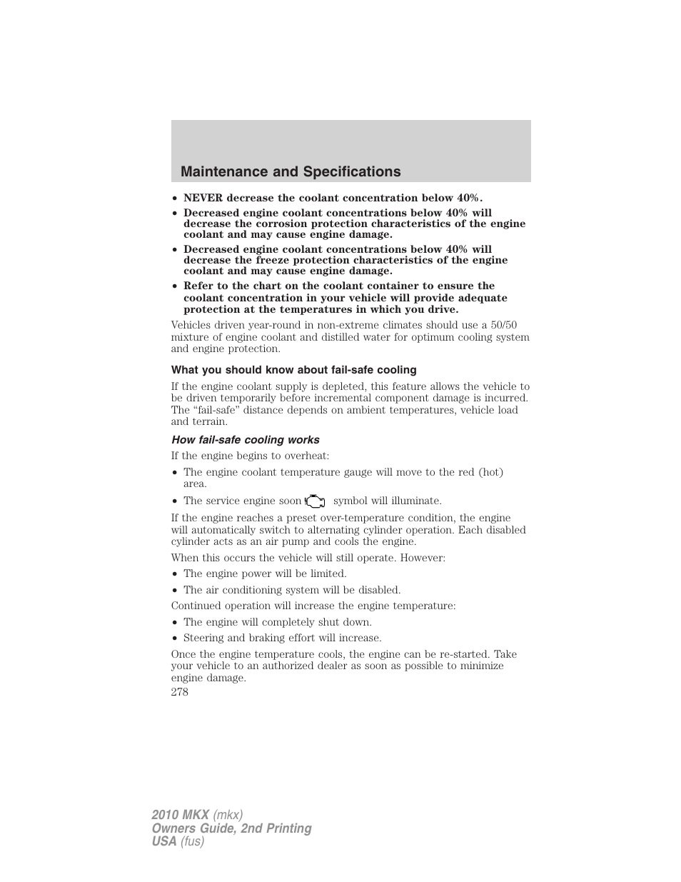 What you should know about fail-safe cooling, How fail-safe cooling works, Maintenance and specifications | Lincoln 2010 MKX User Manual | Page 278 / 311