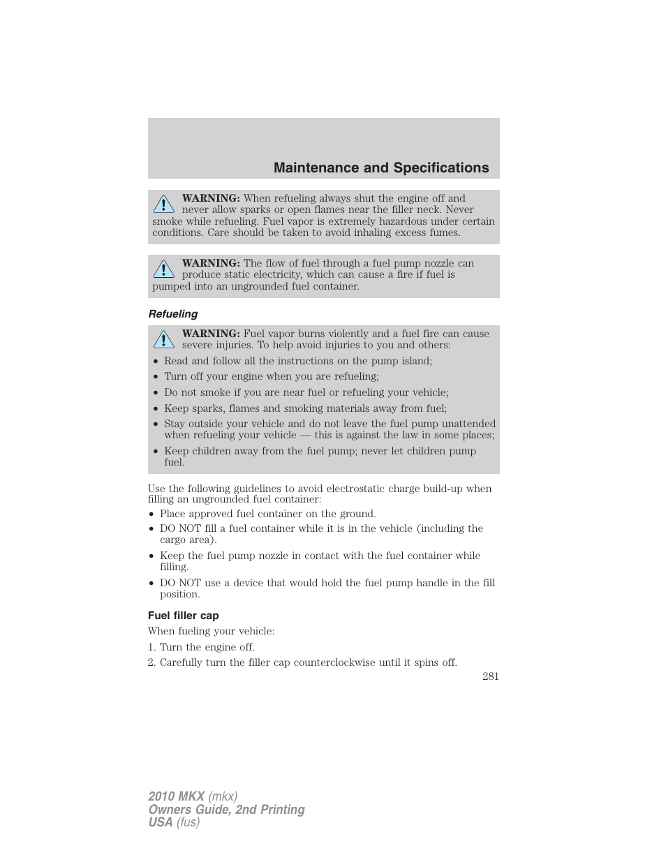 Refueling, Fuel filler cap, Maintenance and specifications | Lincoln 2010 MKX User Manual | Page 281 / 311