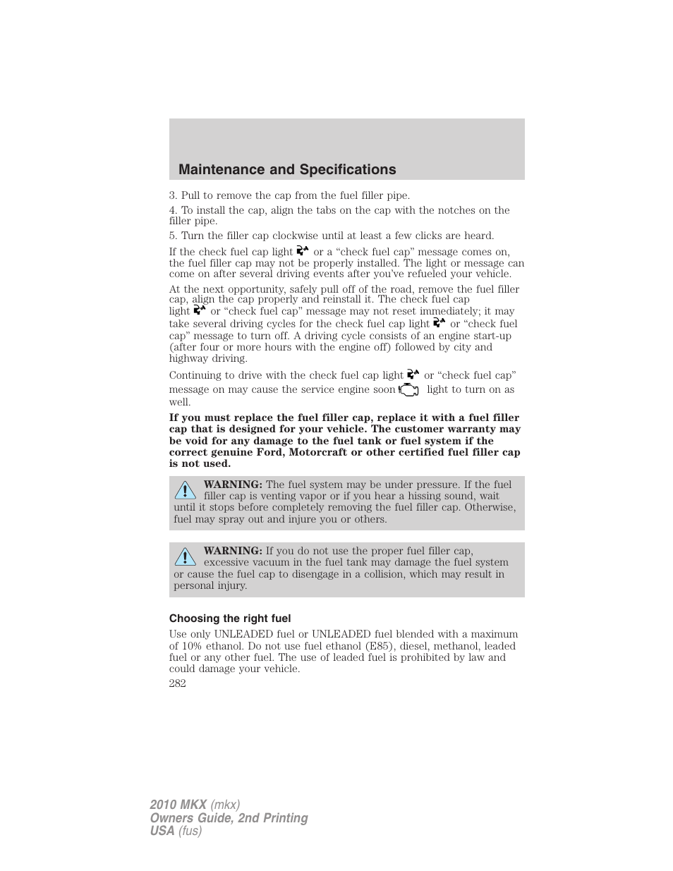 Choosing the right fuel, Maintenance and specifications | Lincoln 2010 MKX User Manual | Page 282 / 311