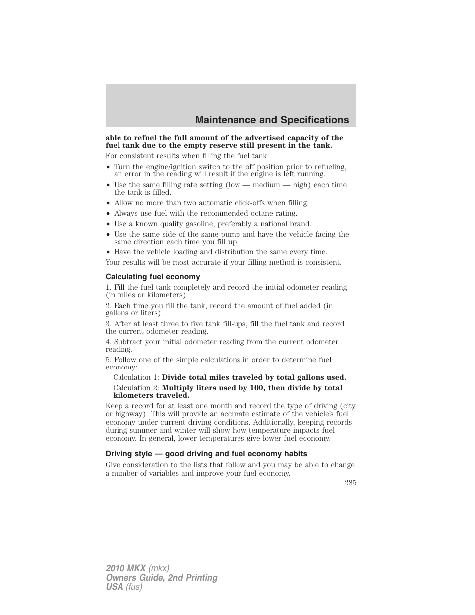 Calculating fuel economy, Maintenance and specifications | Lincoln 2010 MKX User Manual | Page 285 / 311