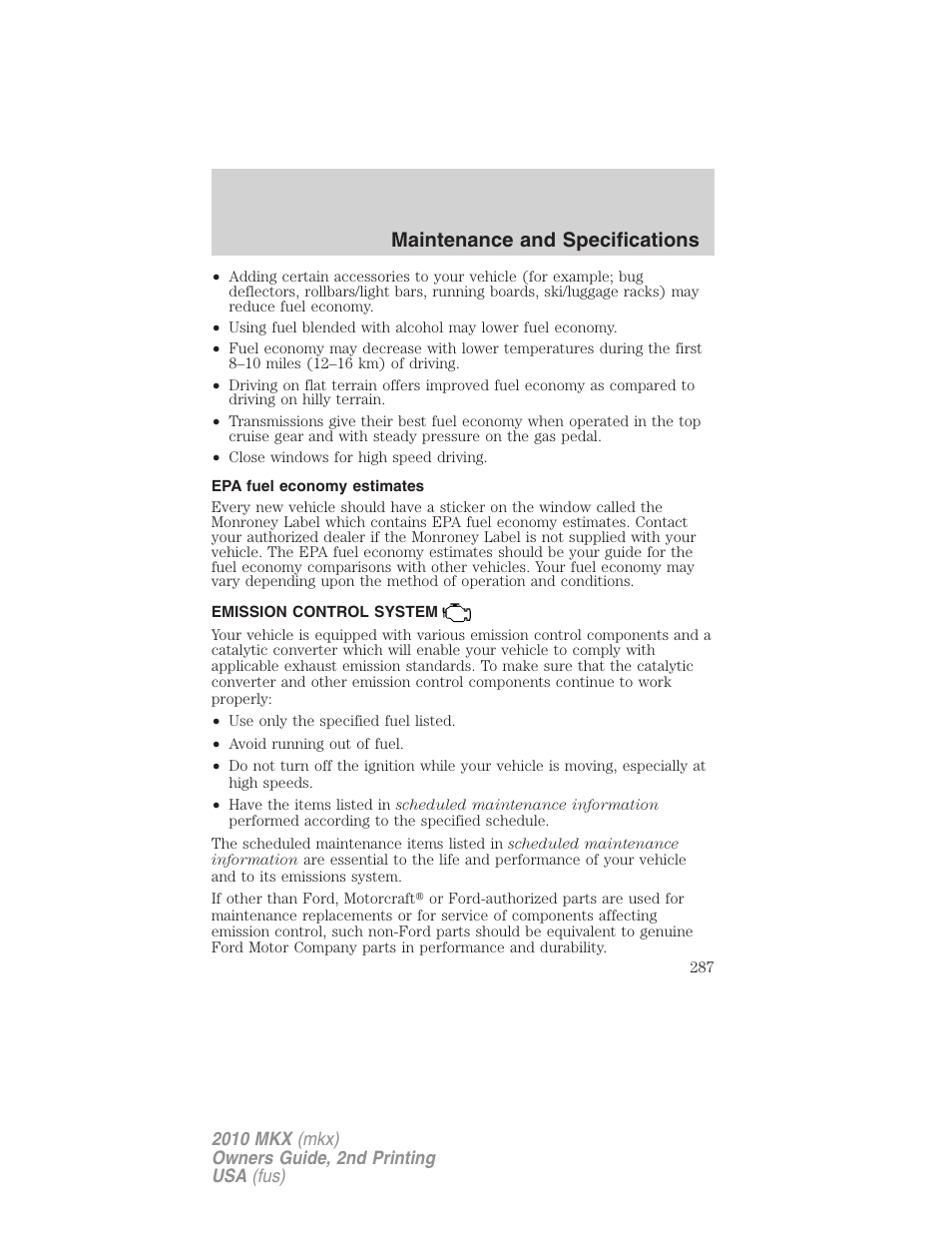 Epa fuel economy estimates, Emission control system, Maintenance and specifications | Lincoln 2010 MKX User Manual | Page 287 / 311