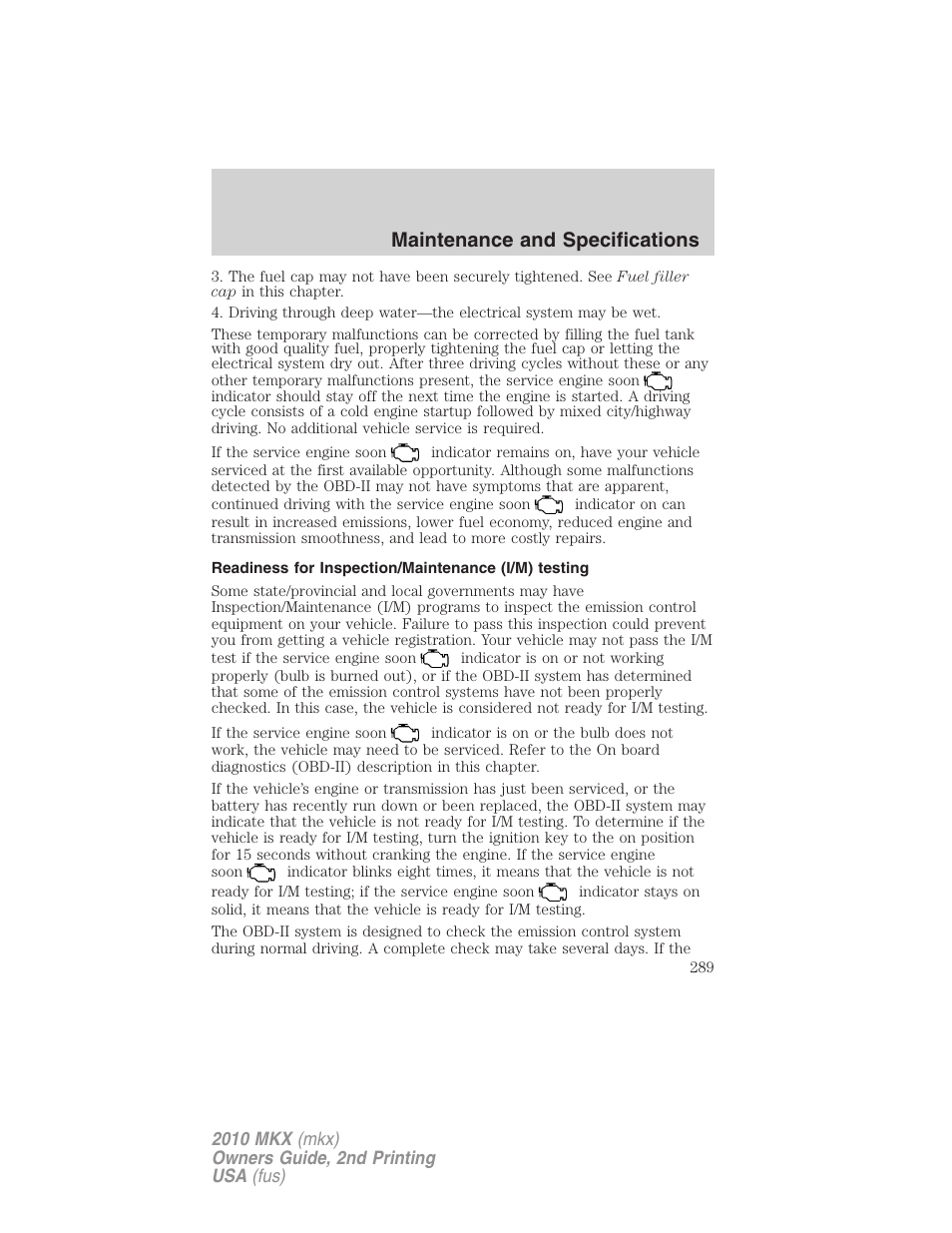Readiness for inspection/maintenance (i/m) testing, Maintenance and specifications | Lincoln 2010 MKX User Manual | Page 289 / 311