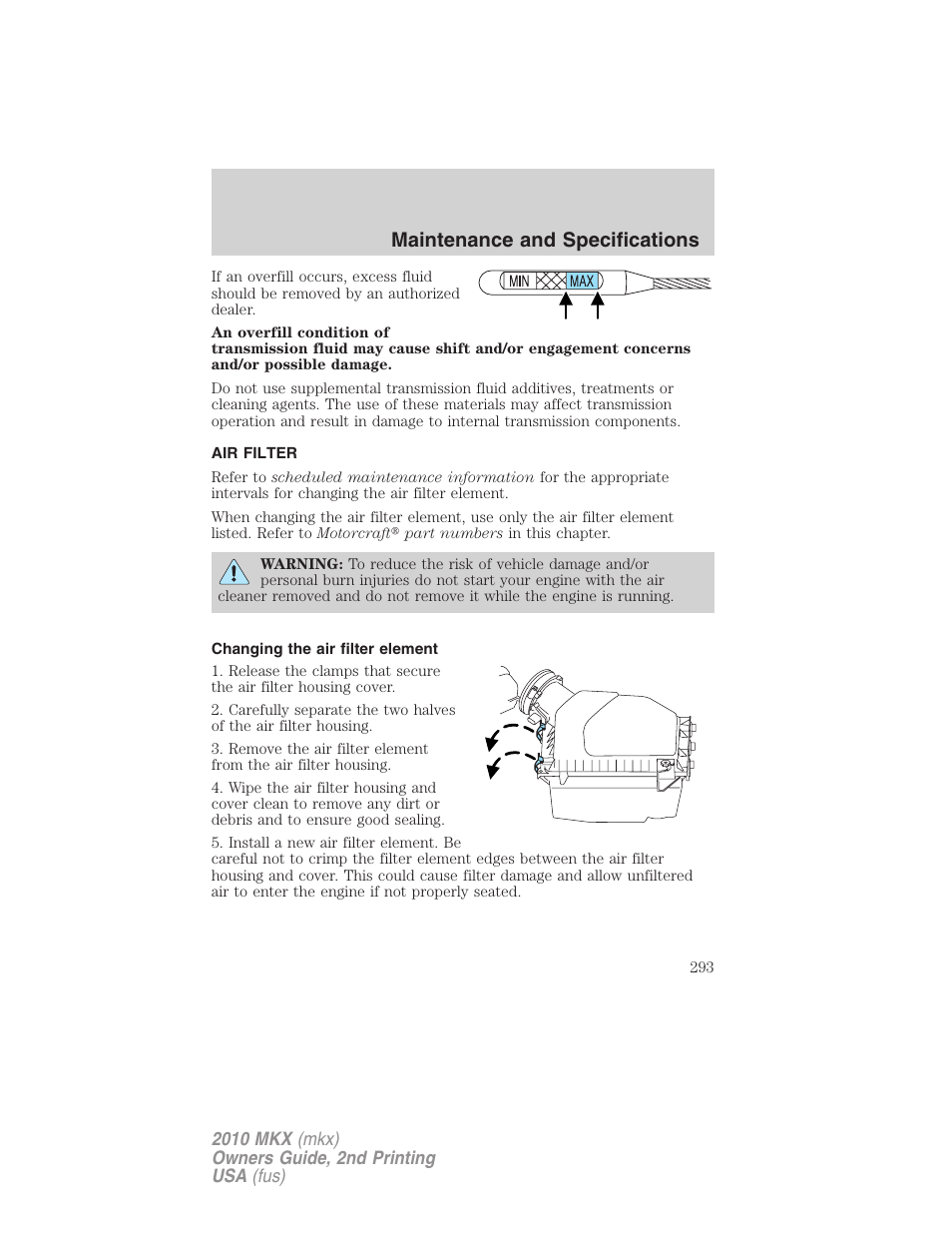 Air filter, Changing the air filter element, Air filter(s) | Maintenance and specifications | Lincoln 2010 MKX User Manual | Page 293 / 311