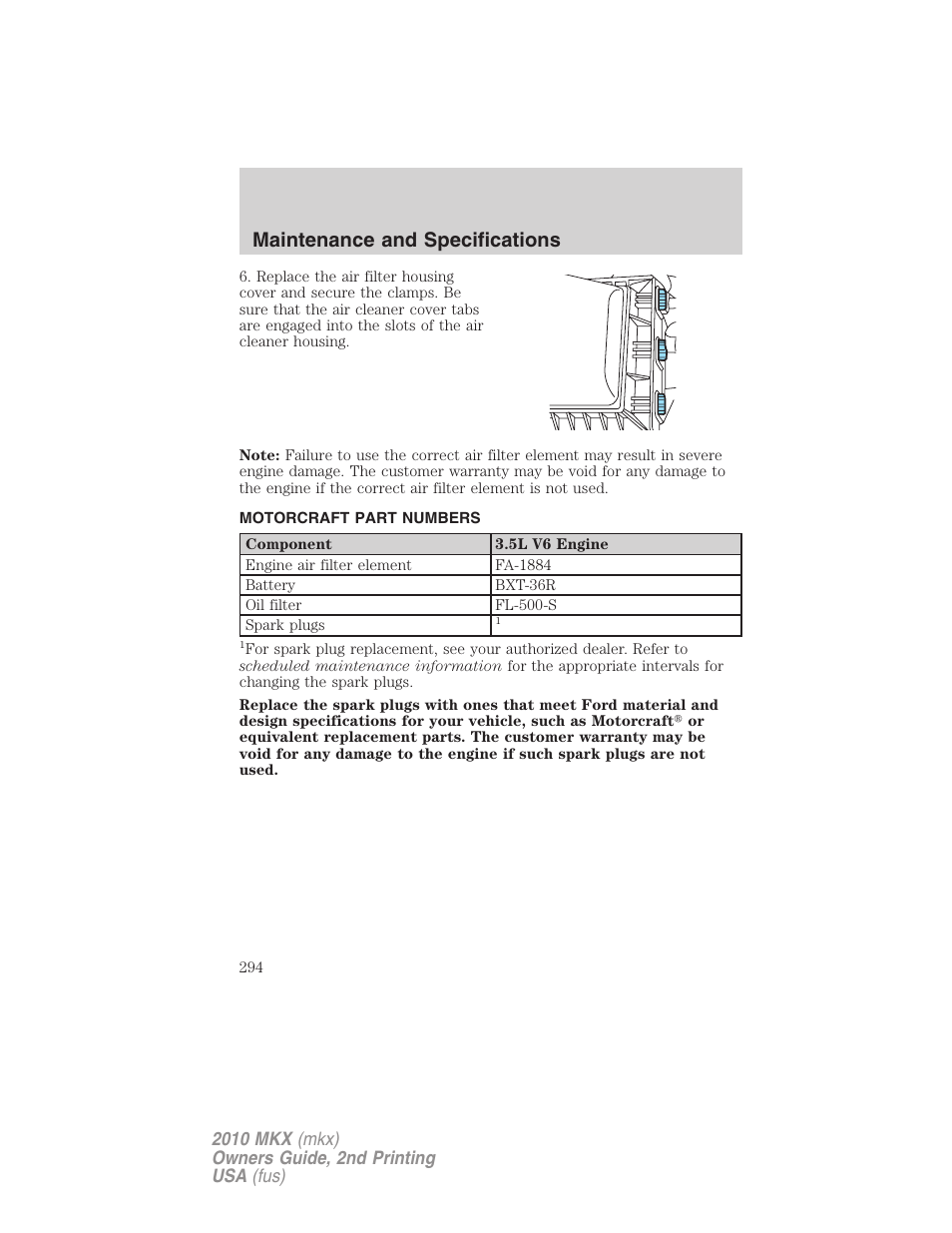 Motorcraft part numbers, Part numbers, Maintenance and specifications | Lincoln 2010 MKX User Manual | Page 294 / 311