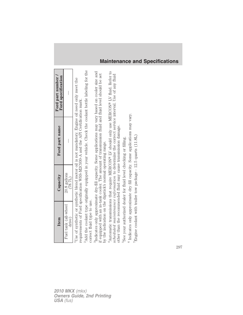 Maintenance and specifications | Lincoln 2010 MKX User Manual | Page 297 / 311