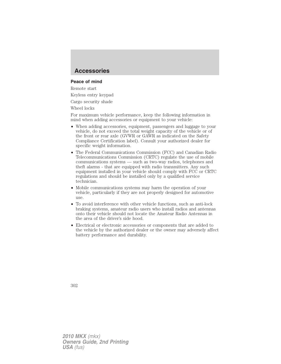 Peace of mind, Accessories | Lincoln 2010 MKX User Manual | Page 302 / 311