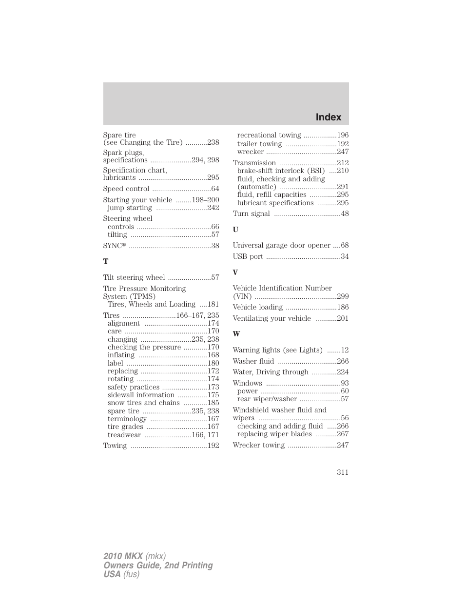 Index | Lincoln 2010 MKX User Manual | Page 311 / 311
