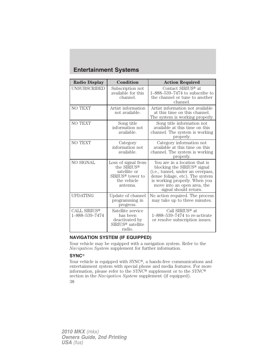 Navigation system (if equipped), Sync, Navigation system | Entertainment systems | Lincoln 2010 MKX User Manual | Page 38 / 311