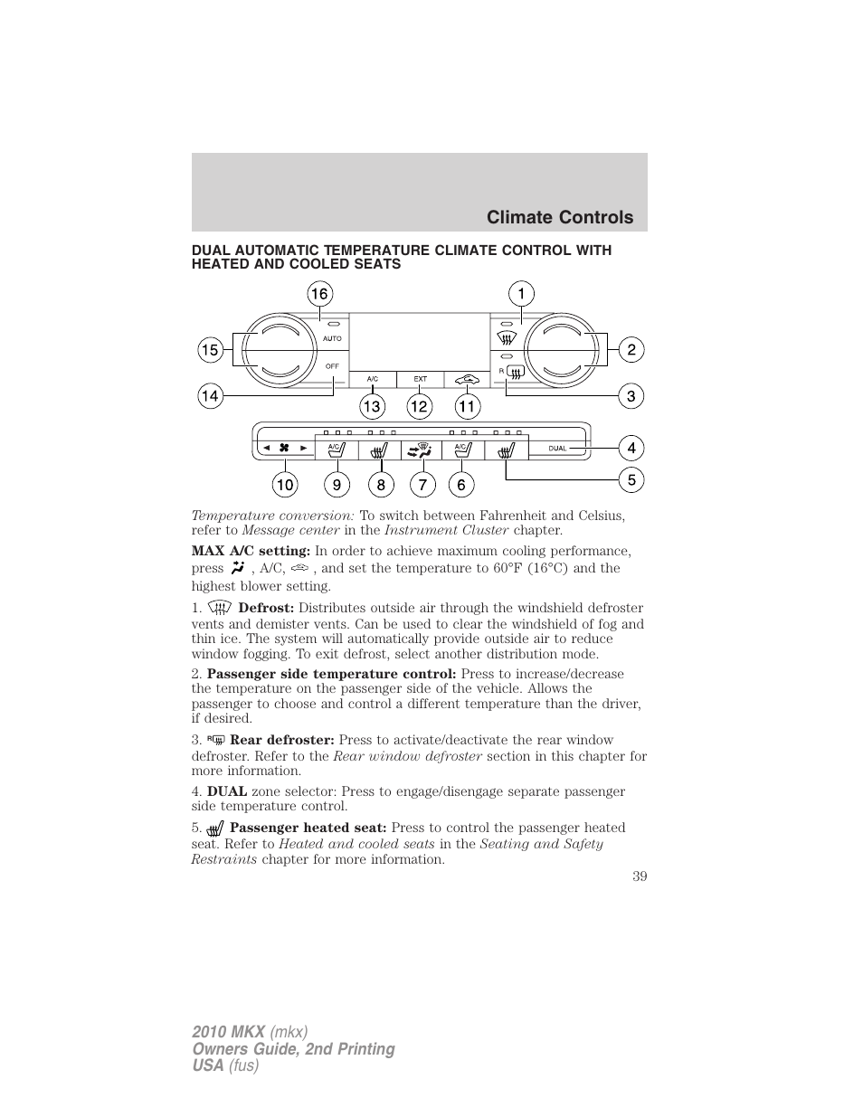 Climate controls, Automatic temperature control | Lincoln 2010 MKX User Manual | Page 39 / 311