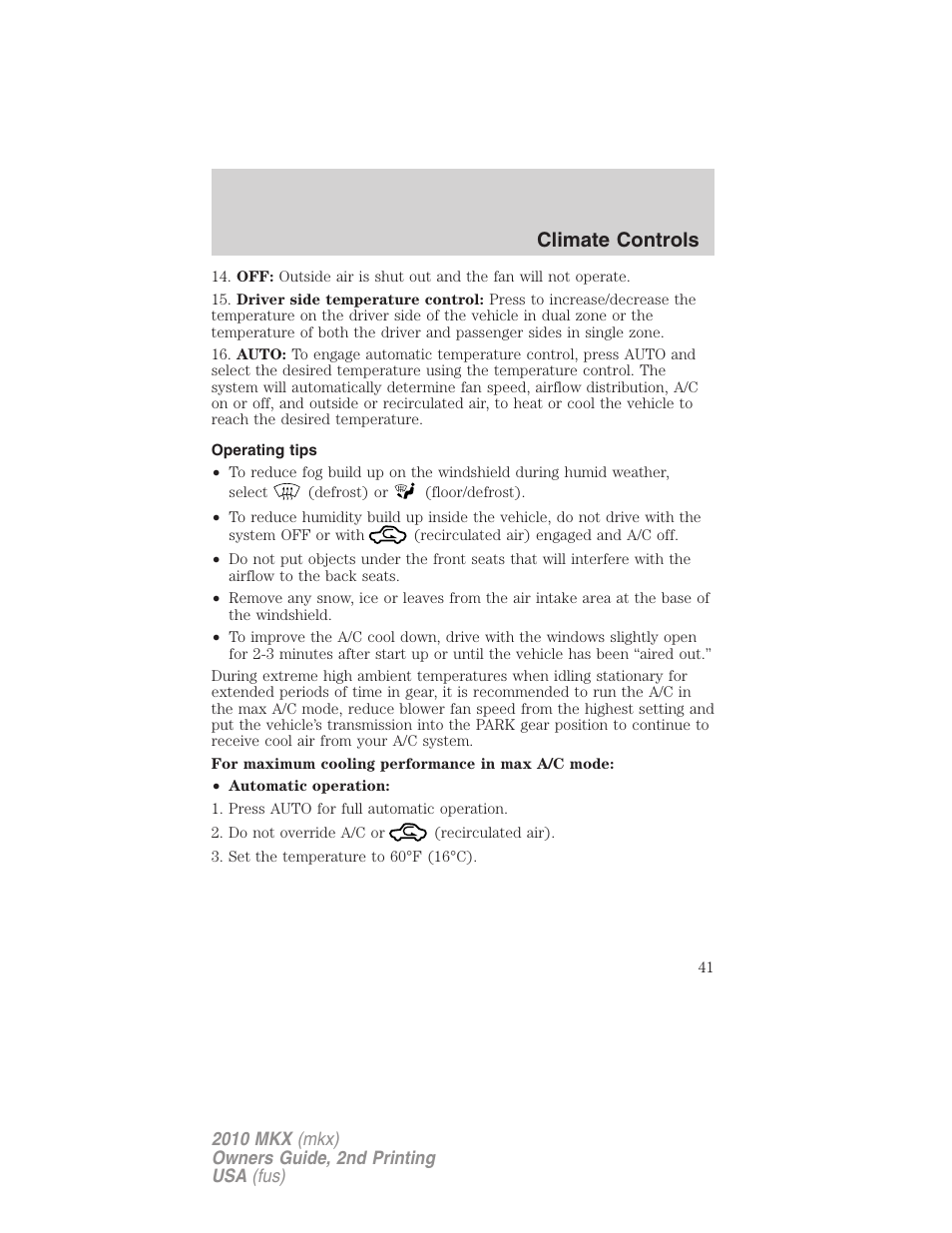 Operating tips, Climate controls | Lincoln 2010 MKX User Manual | Page 41 / 311